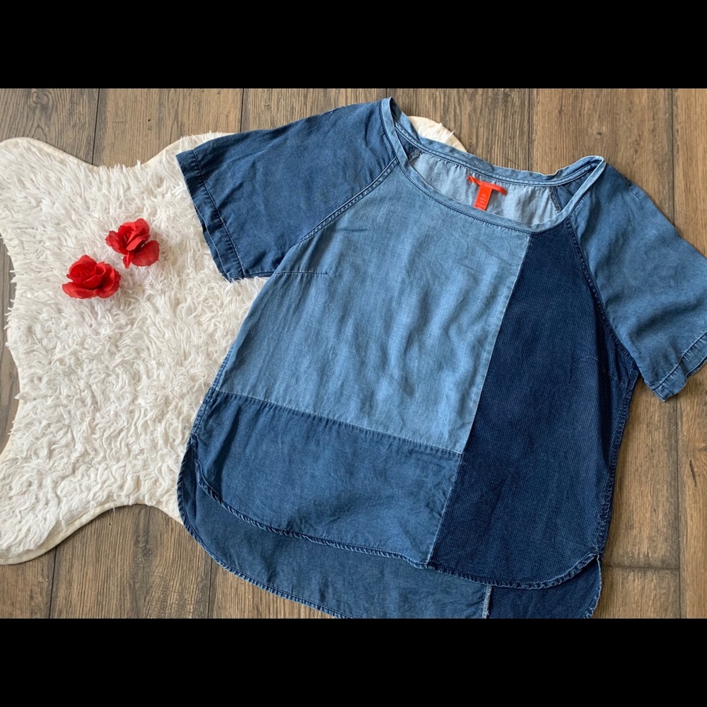 XL Denim Patch Work Blouse, Lightweight Date Night